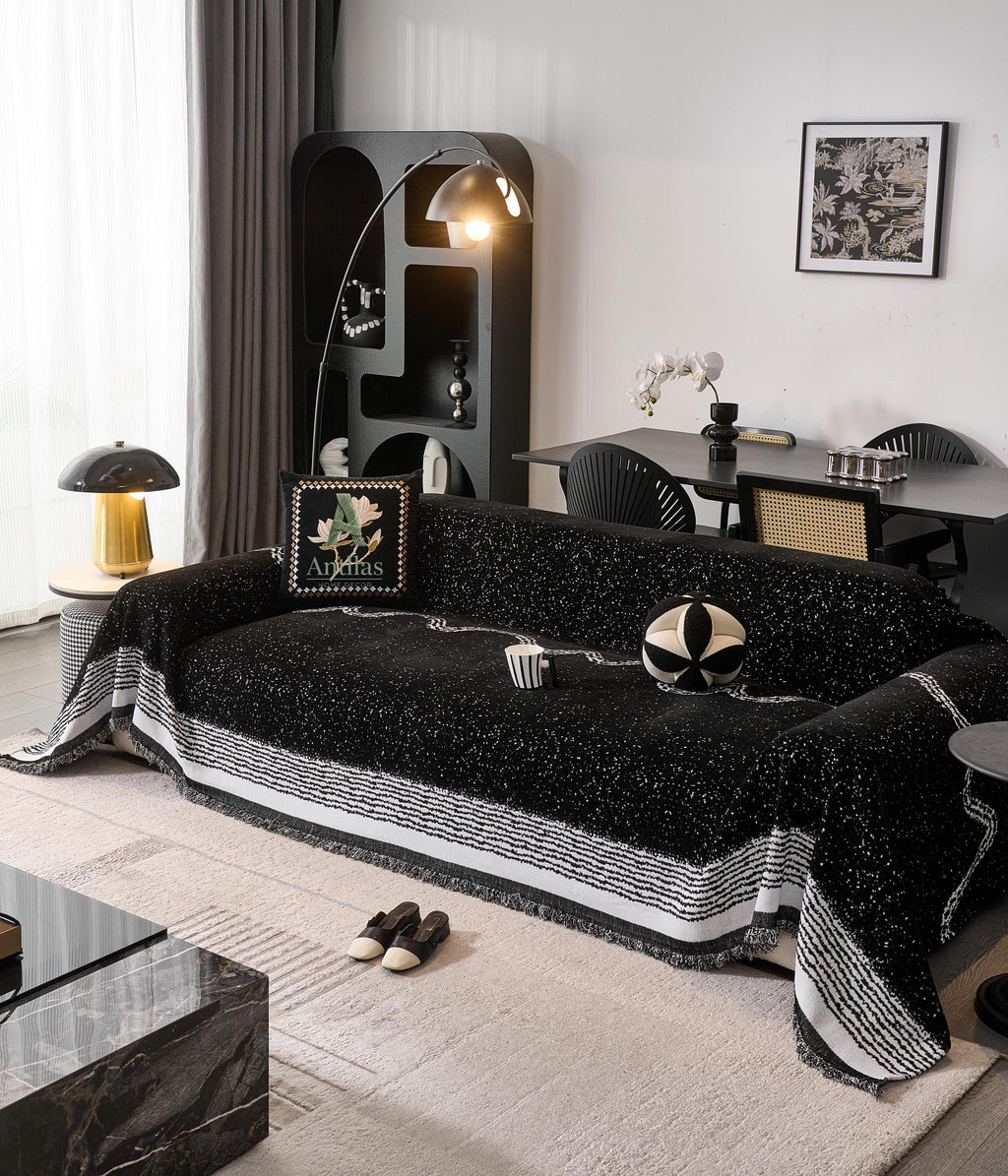 Black White Chenille Sofa Throw, Starry Night Couch Cover, Heavyweight Anti-Pilling Drape