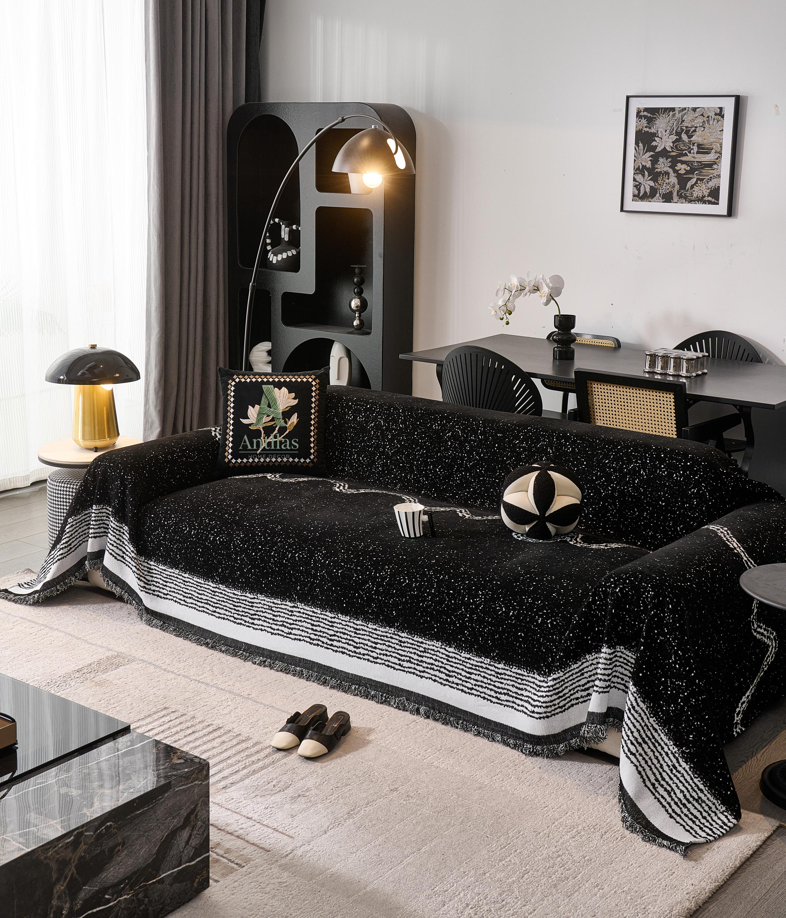 Black White Chenille Sofa Throw, Starry Night Couch Cover, Heavyweight Anti-Pilling Drape