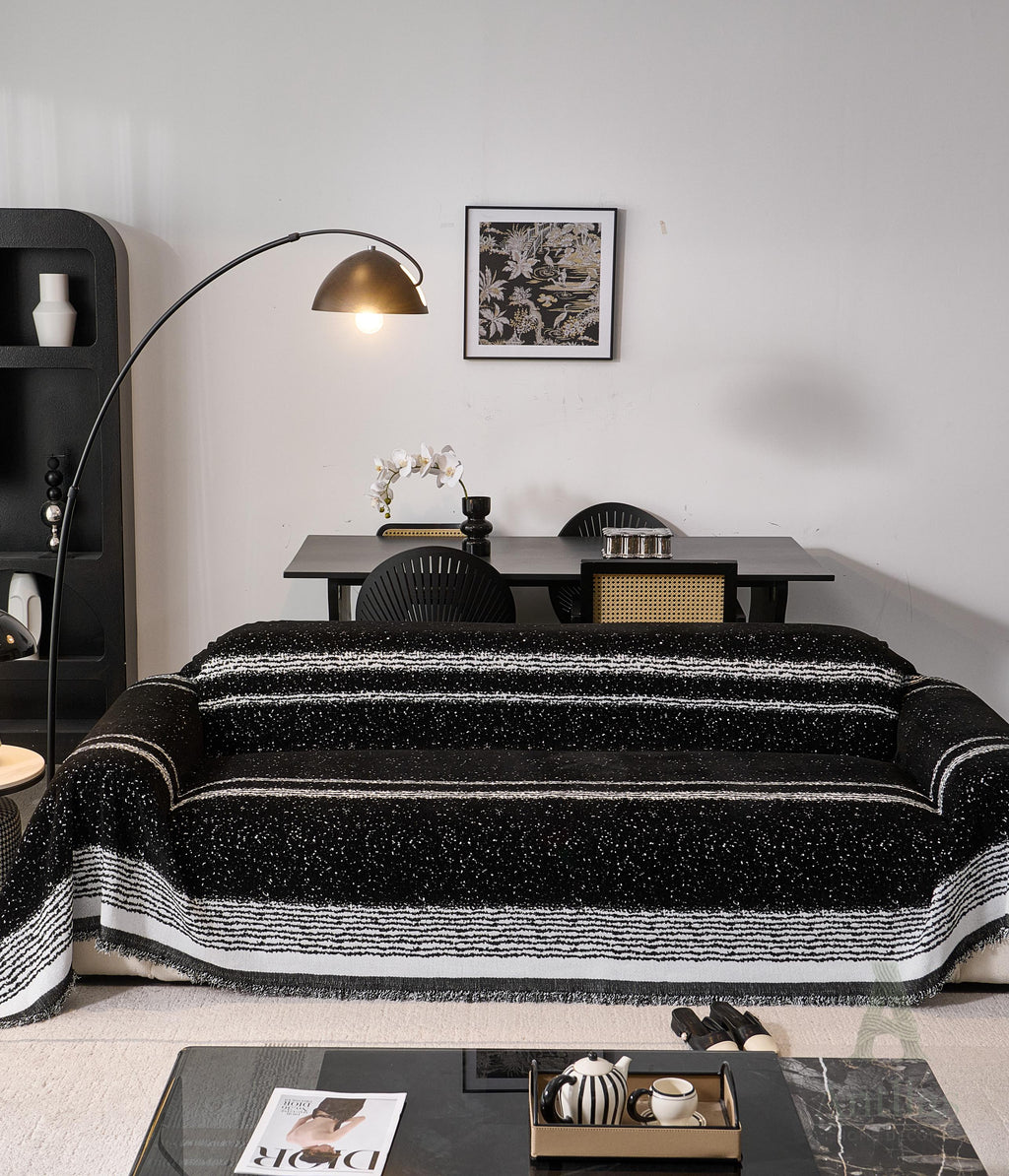 Black White Chenille Sofa Throw, Starry Night Couch Cover, Heavyweight Anti-Pilling Drape