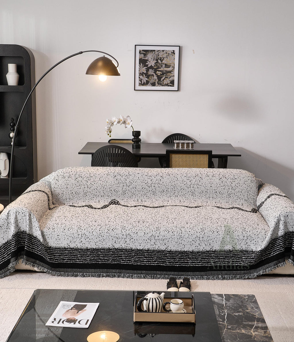 Black White Chenille Sofa Throw, Starry Night Couch Cover, Heavyweight Anti-Pilling Drape