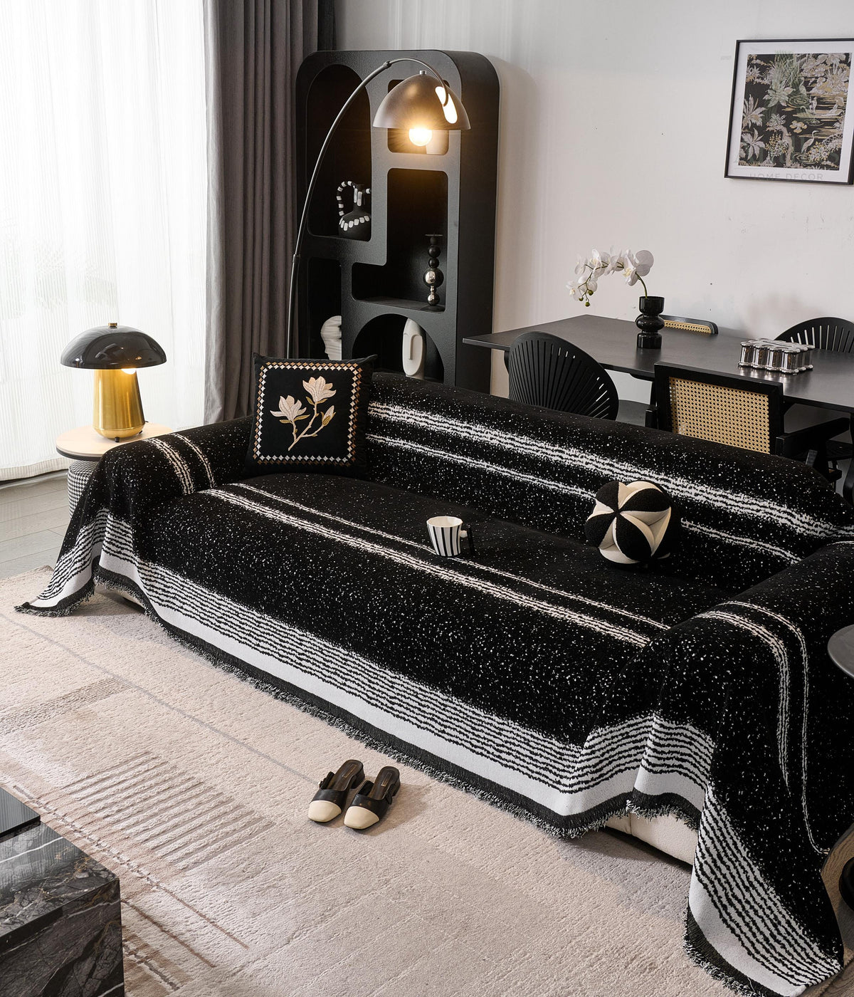 Black White Chenille Sofa Throw, Starry Night Couch Cover, Heavyweight Anti-Pilling Drape