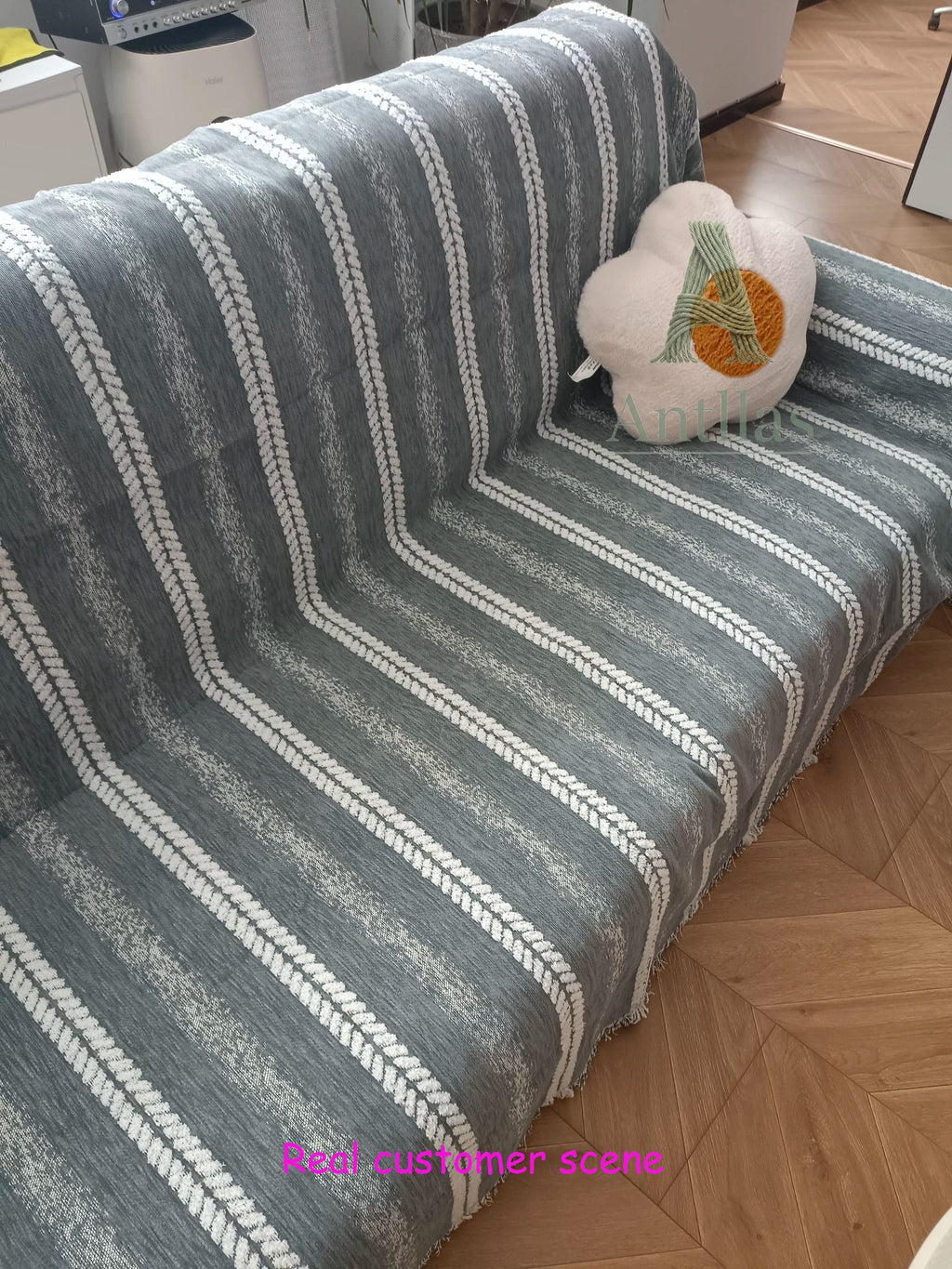 Boho Chenille Sofa Throw Blanket, Tufted Striped Couch Cover, Tassel Furniture Protector