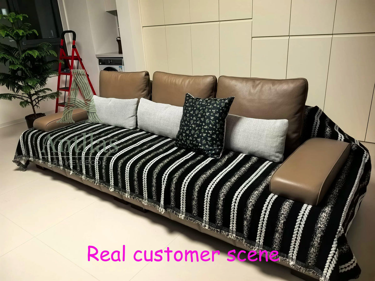 Boho Chenille Sofa Throw Blanket, Tufted Striped Couch Cover, Tassel Furniture Protector