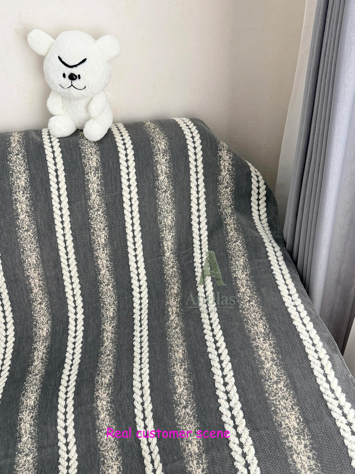Boho Chenille Sofa Throw Blanket, Tufted Striped Couch Cover, Tassel Furniture Protector