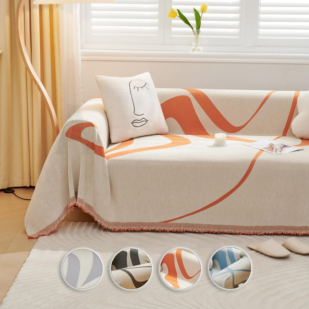 Modern Abstract Line Sofa Cover, Chenille Throw Blanket, High-Fashion Art Couch Slipcover, Geometric Furniture Protector