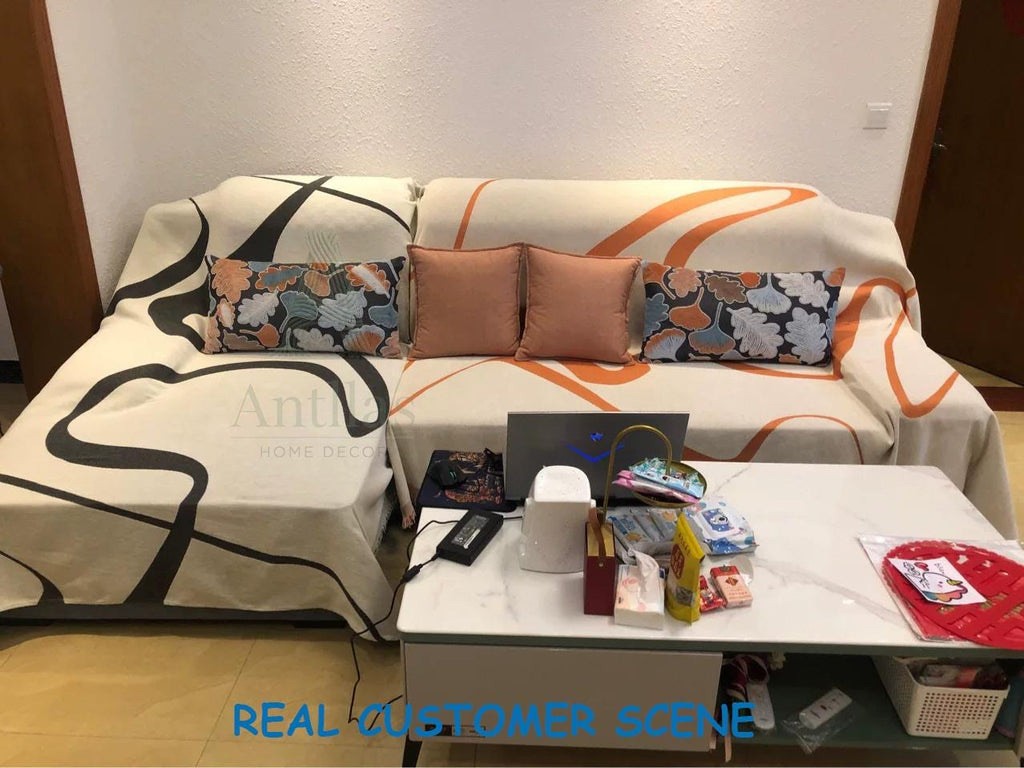 Modern Abstract Line Sofa Cover, Chenille Throw Blanket, High-Fashion Art Couch Slipcover, Geometric Furniture Protector