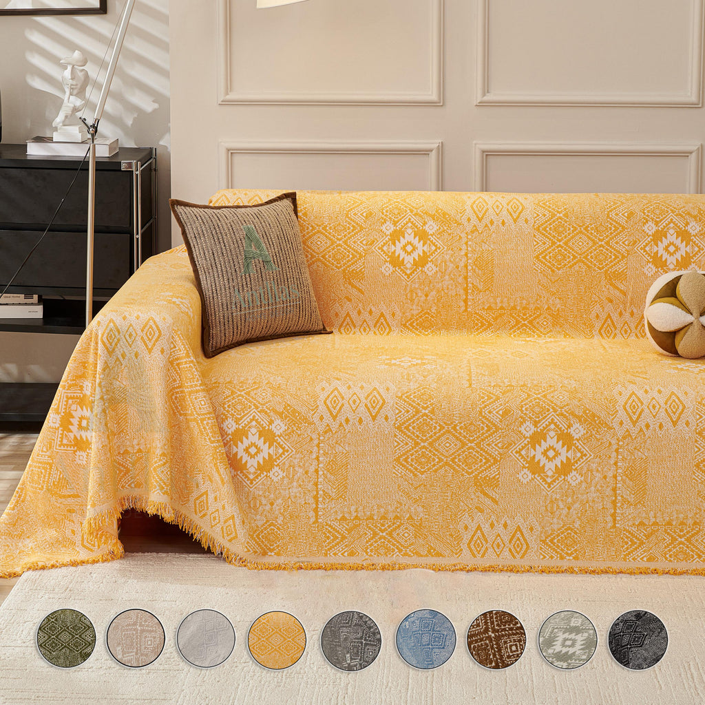 Vintage Bohemian Sofa Cover, Boho Woven Throw Blanket, Geometric Couch Slipcover, Fringe Furniture Protector