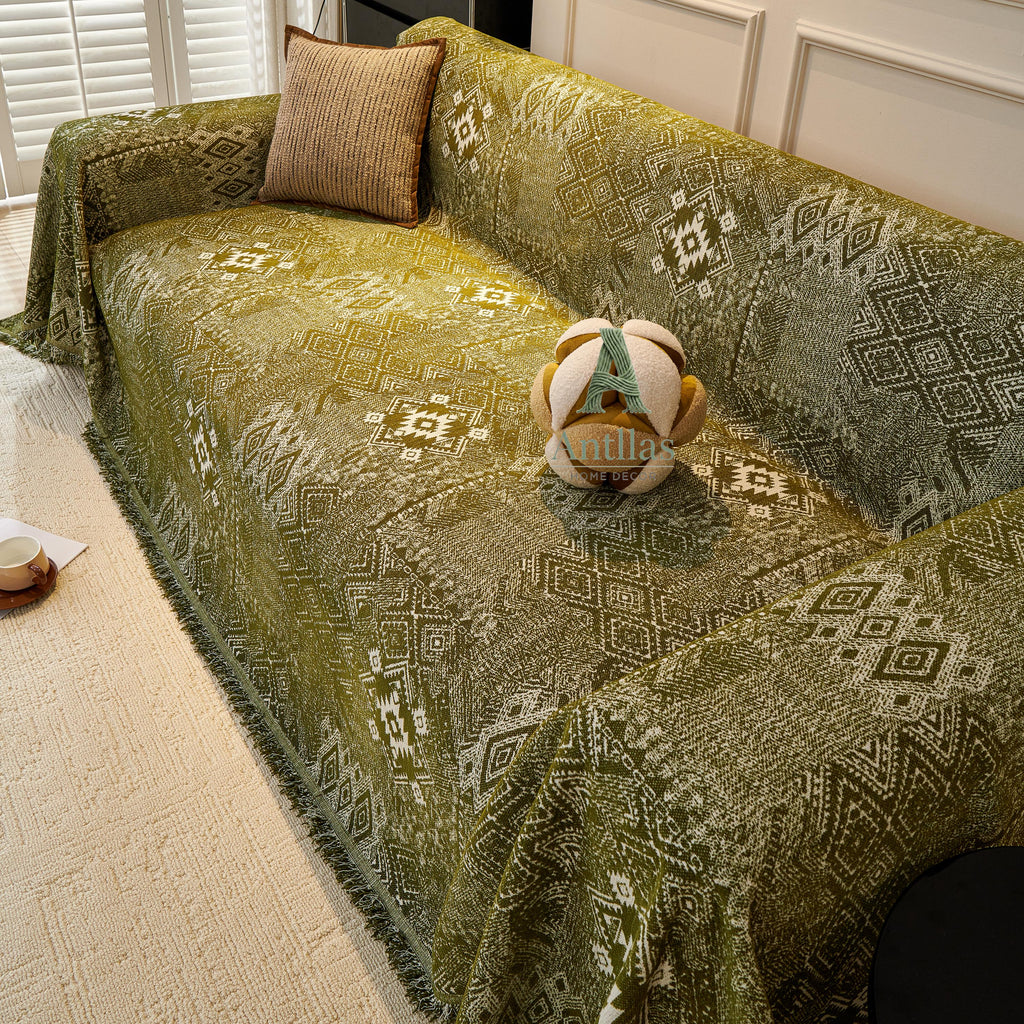 Vintage Bohemian Sofa Cover, Boho Woven Throw Blanket, Geometric Couch Slipcover, Fringe Furniture Protector