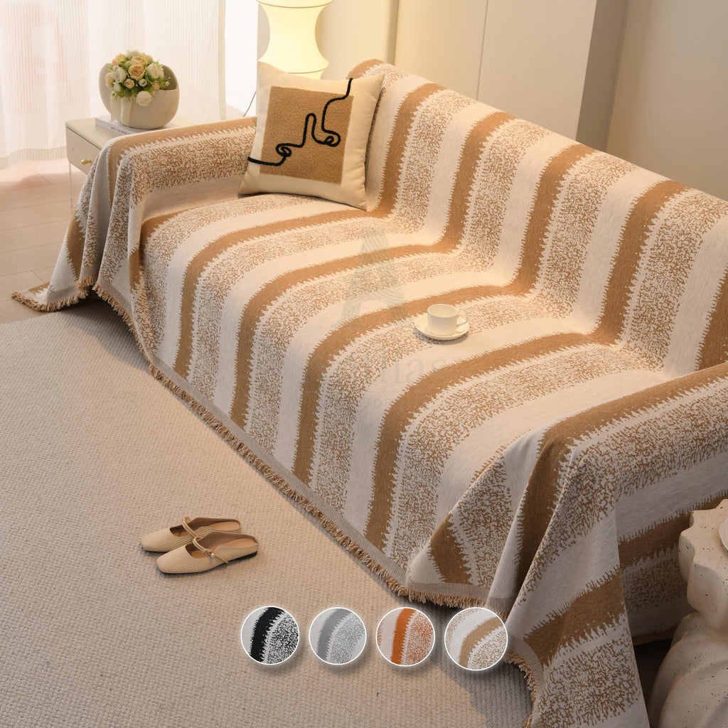 Heavyweight Chenille Sofa Throw Blanket, Striped Couch Protector, Pet Friendly Tassel Drape