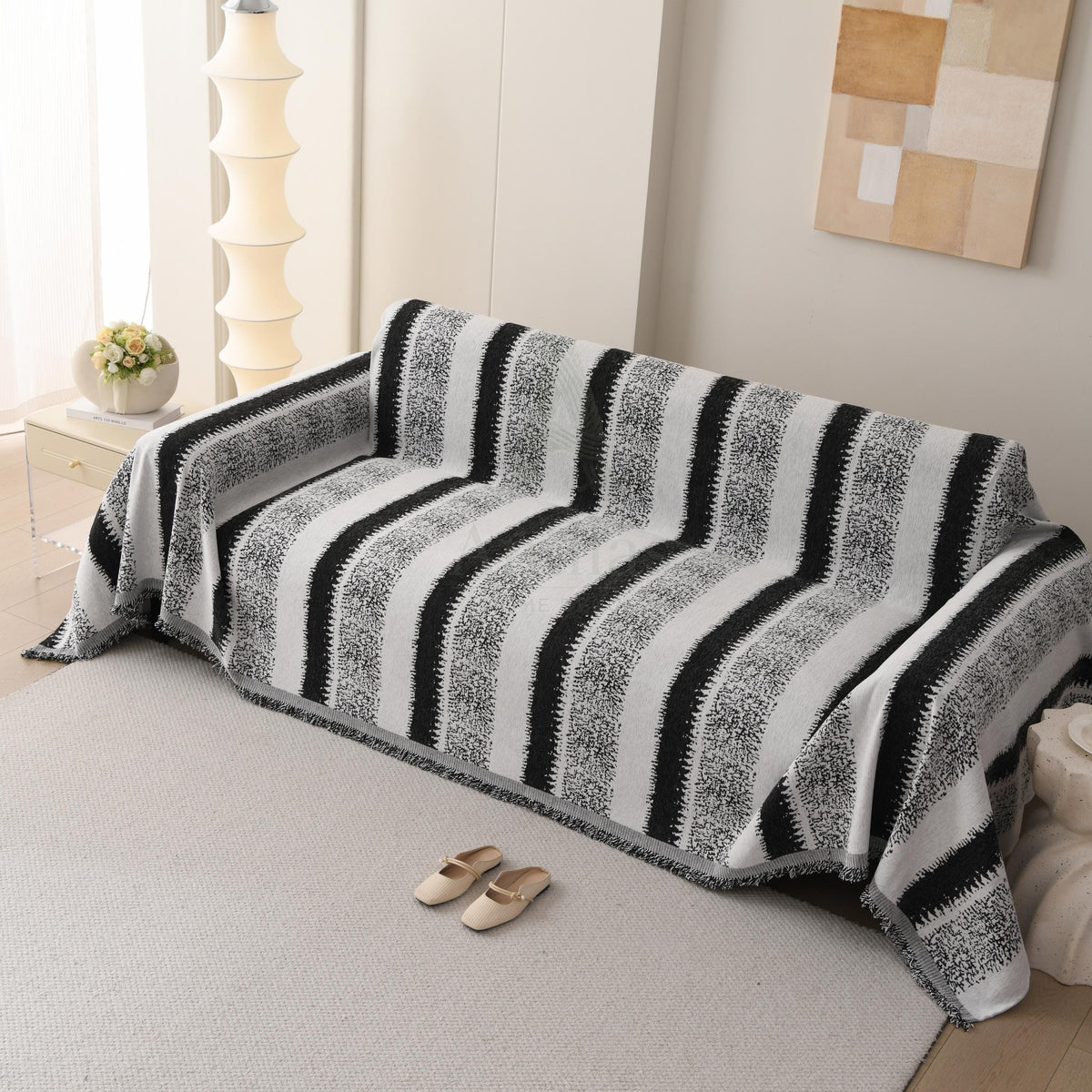 Heavyweight Chenille Sofa Throw Blanket, Striped Couch Protector, Pet Friendly Tassel Drape