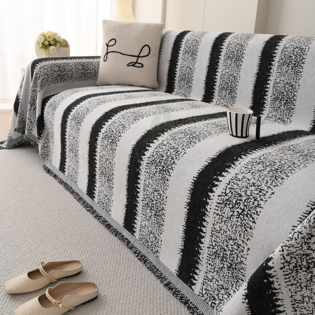 Heavyweight Chenille Sofa Throw Blanket, Striped Couch Protector, Pet Friendly Tassel Drape