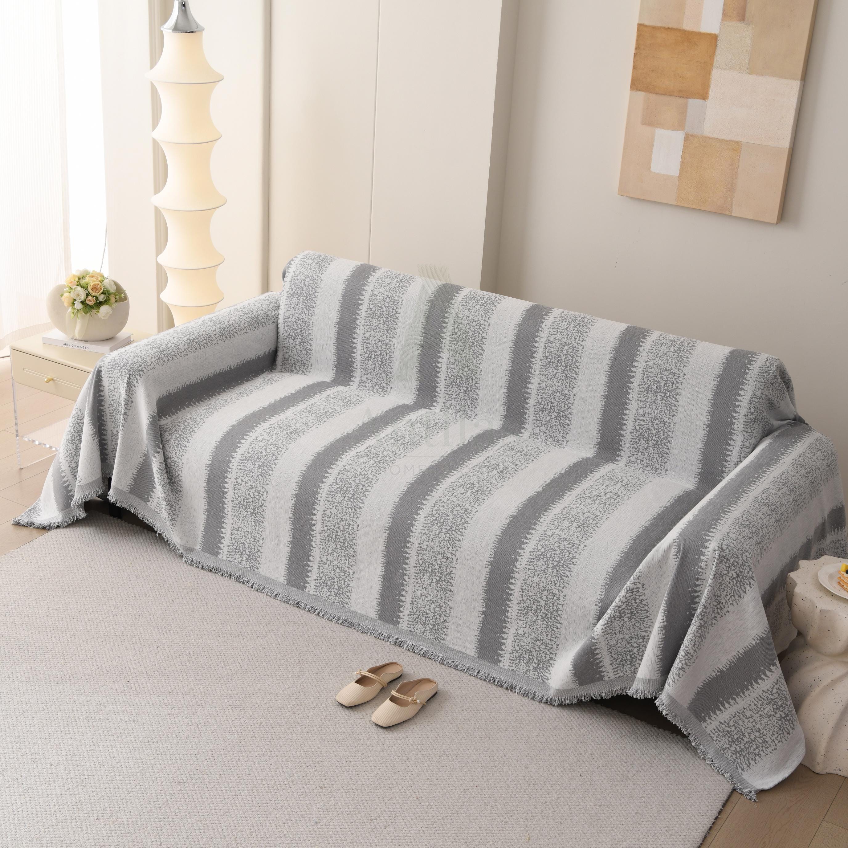 Heavyweight Chenille Sofa Throw Blanket, Striped Couch Protector, Pet Friendly Tassel Drape
