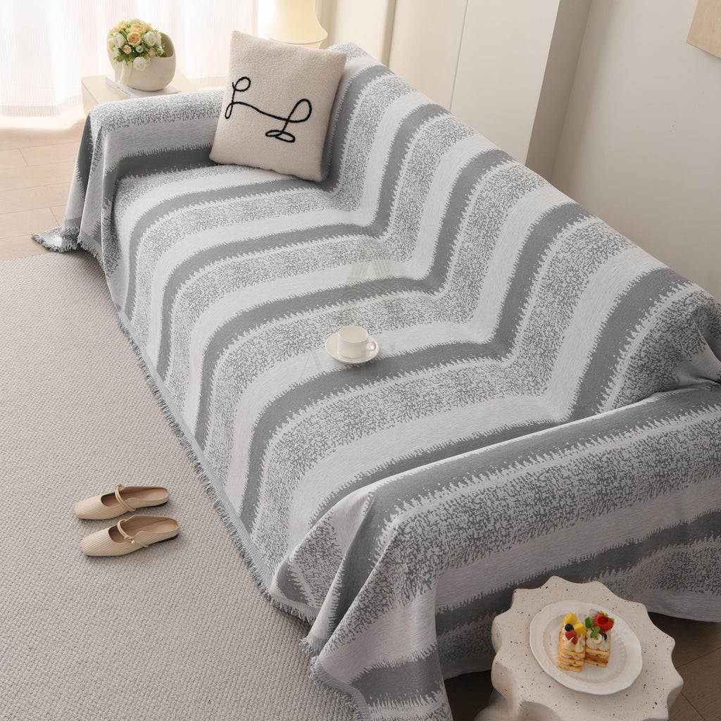 Heavyweight Chenille Sofa Throw Blanket, Striped Couch Protector, Pet Friendly Tassel Drape