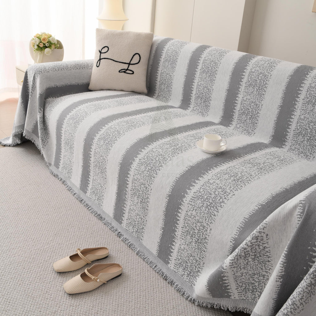 Heavyweight Chenille Sofa Throw Blanket, Striped Couch Protector, Pet Friendly Tassel Drape