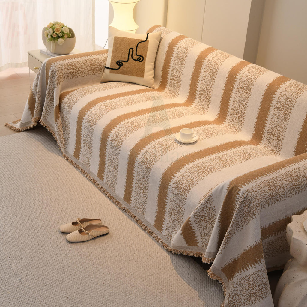 Heavyweight Chenille Sofa Throw Blanket, Striped Couch Protector, Pet Friendly Tassel Drape