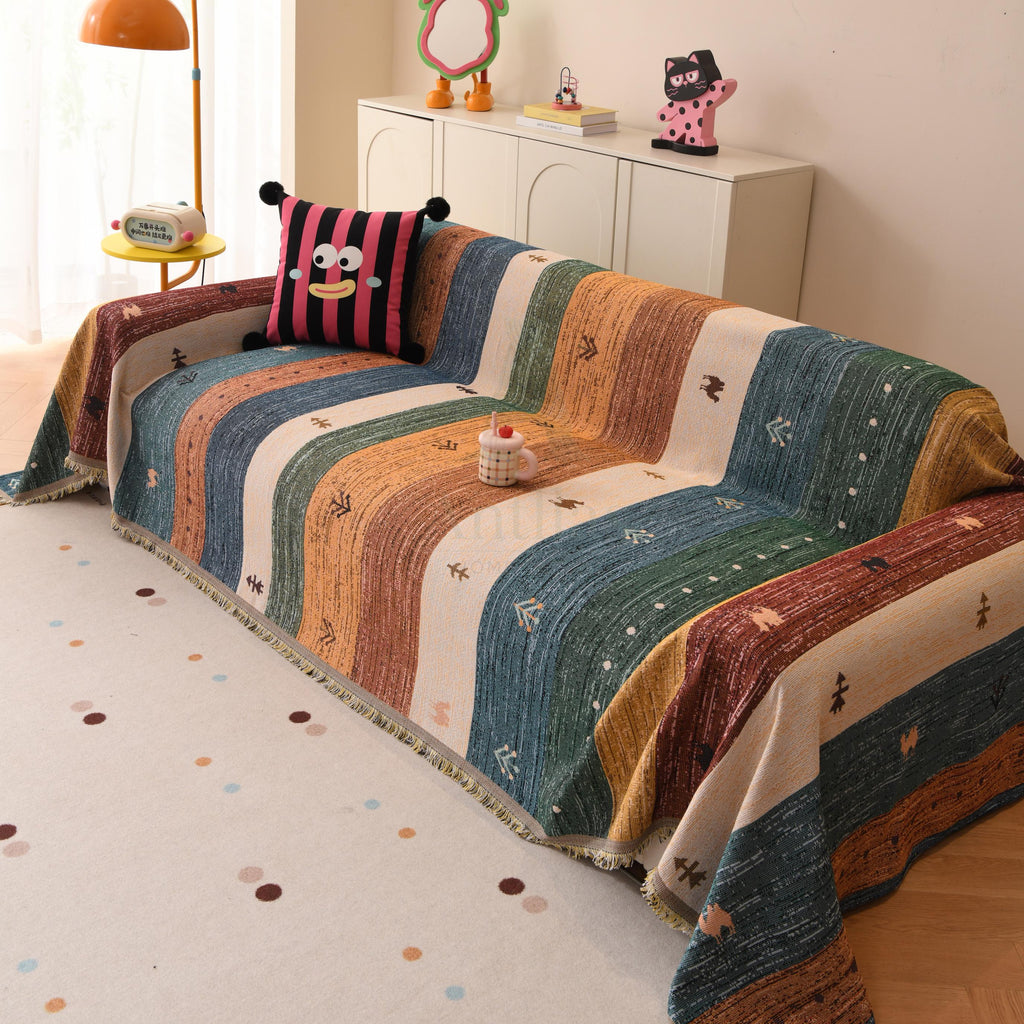 Heavyweight Chenille Sofa Throw, Boho Patchwork Couch Cover, Pet Friendly Furniture Protector