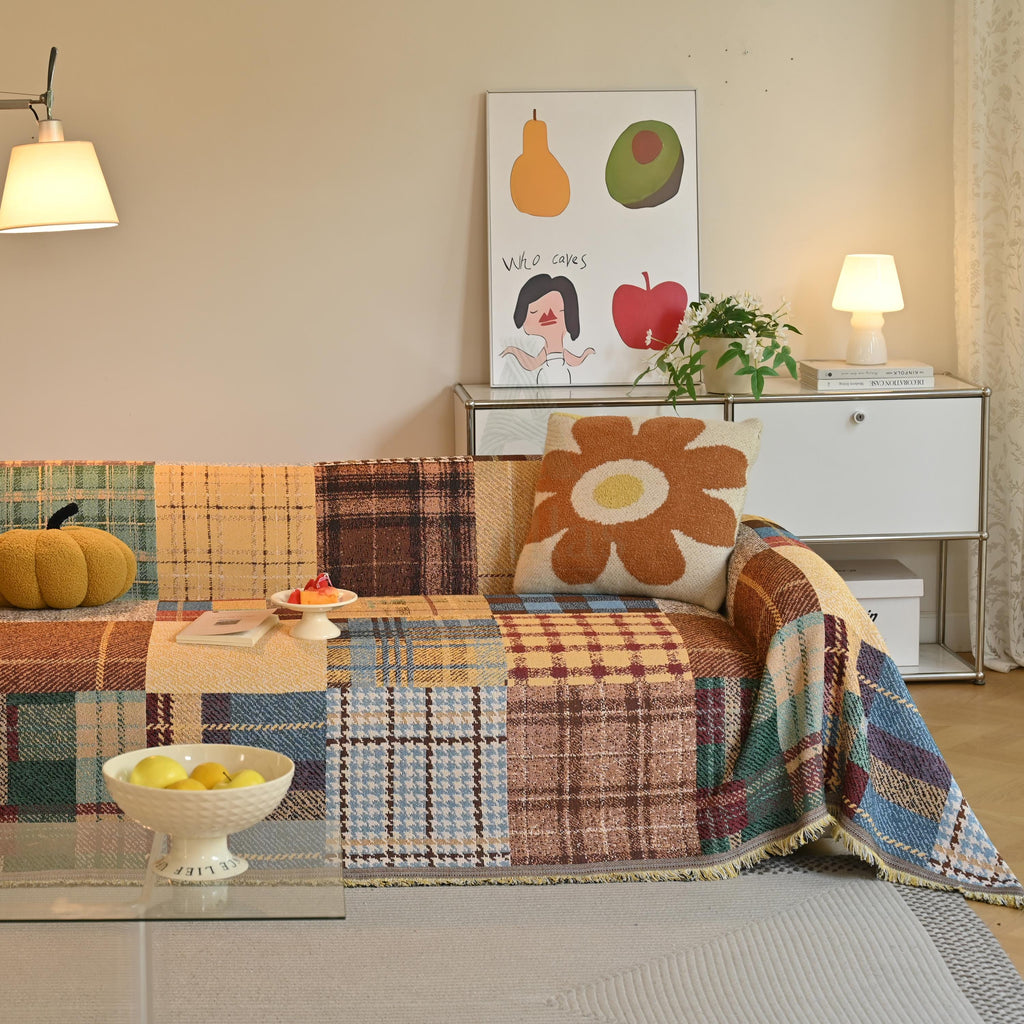 Heavyweight Chenille Sofa Throw, Boho Patchwork Couch Cover, Pet Friendly Furniture Protector