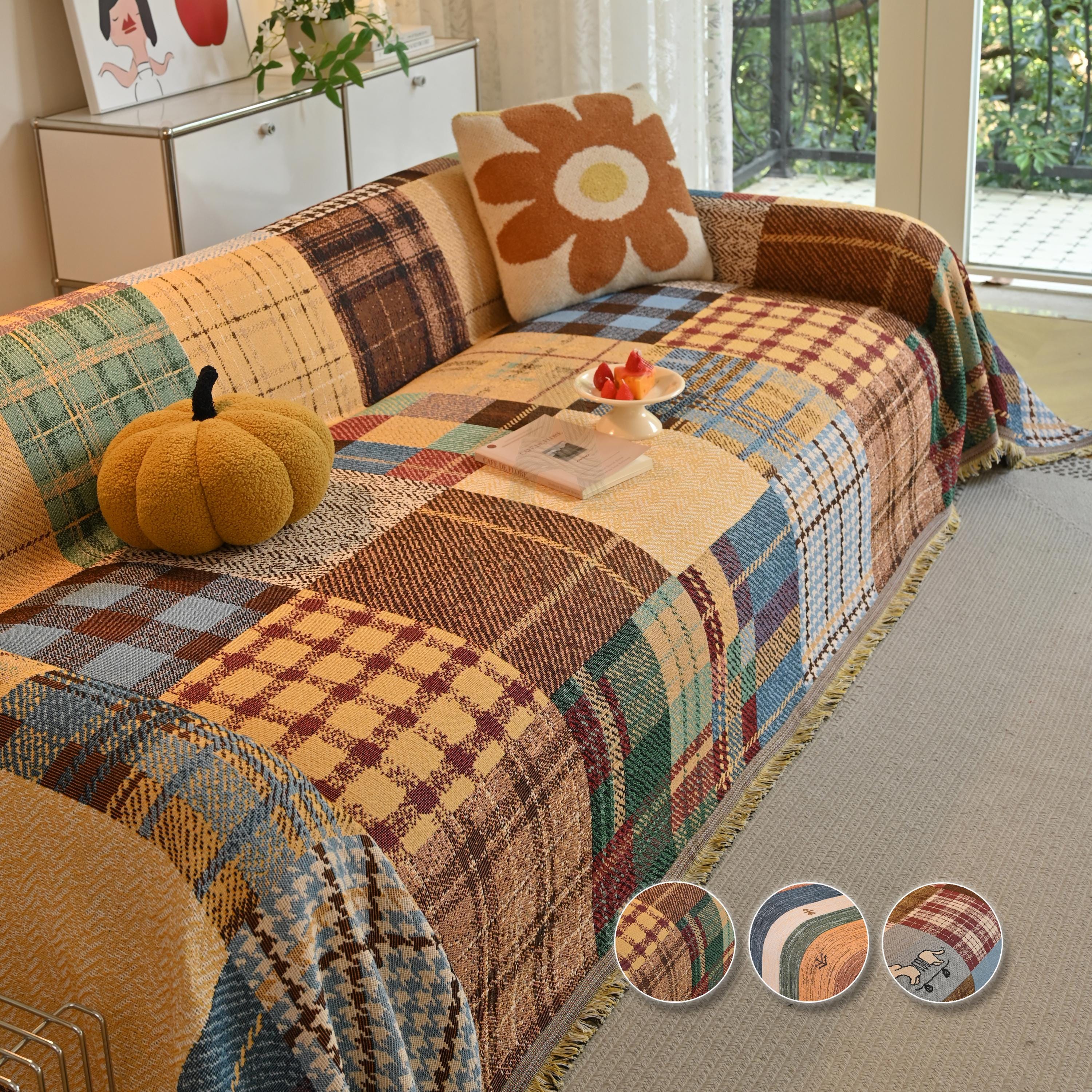 Heavyweight Chenille Sofa Throw, Boho Patchwork Couch Cover, Pet Friendly Furniture Protector