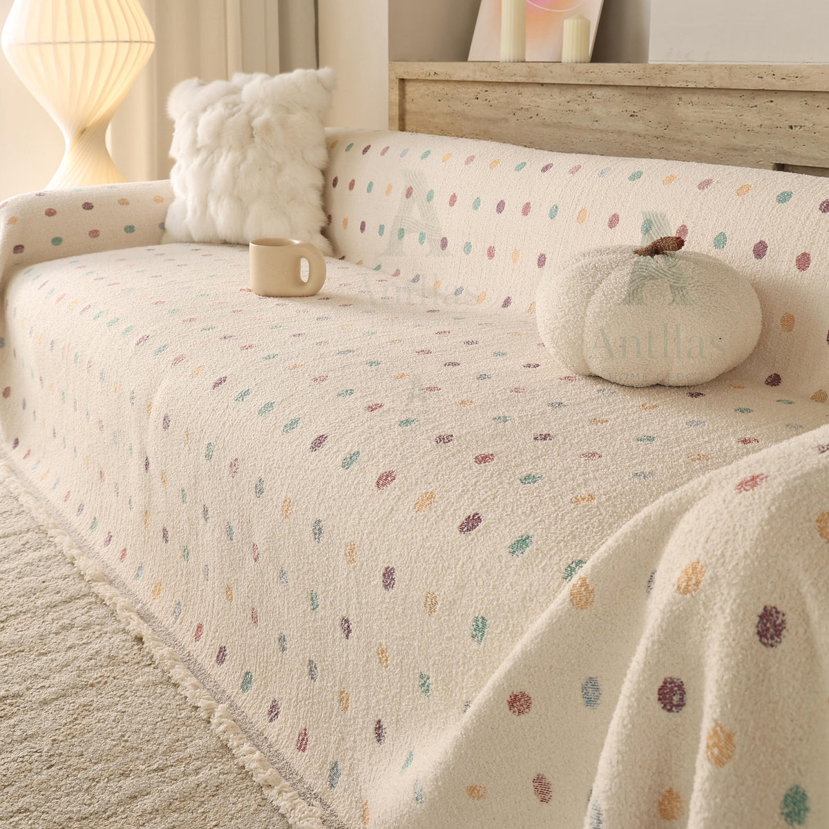 Heavyweight Chenille Sofa Throw, Colorful Polka Dot Couch Cover, Pet Proof Blanket