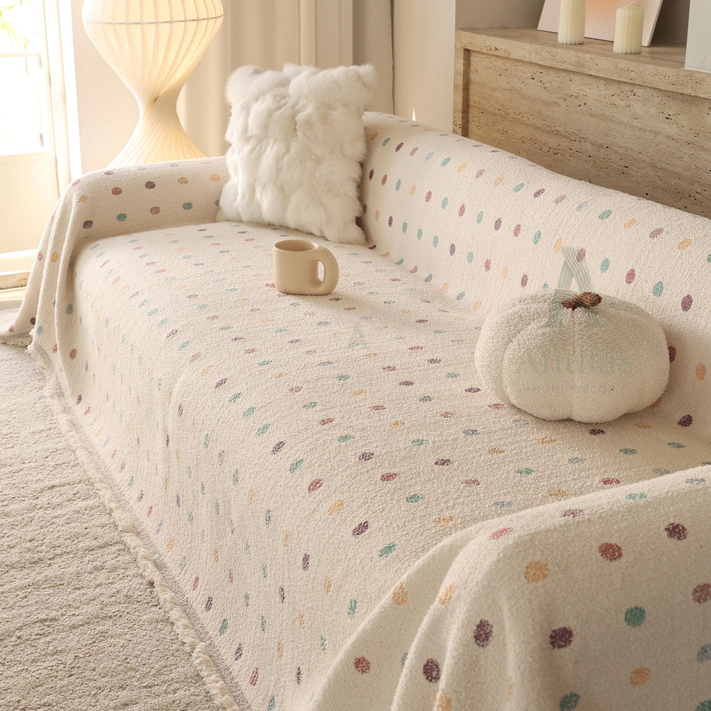 Heavyweight Chenille Sofa Throw, Colorful Polka Dot Couch Cover, Pet Proof Blanket