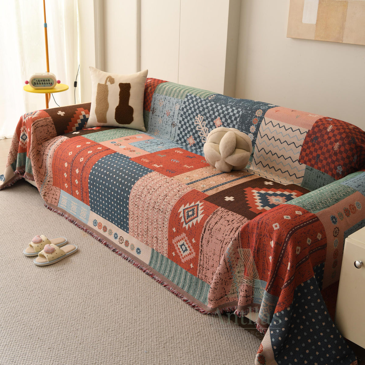 Boho Aztec Chenille Throw, Geometric Patchwork Couch Blanket, Heavyweight Pet Proof Furniture Protector