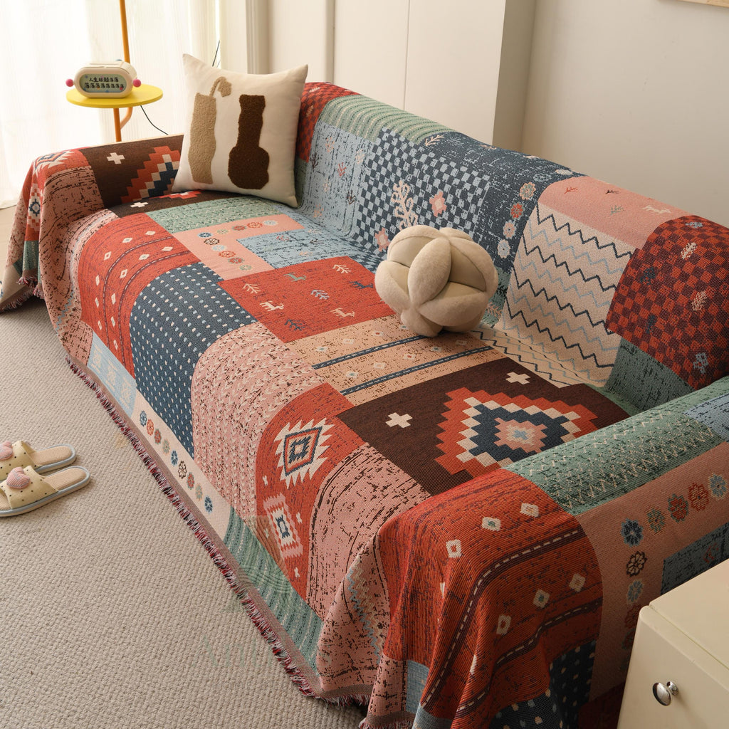 Boho Aztec Chenille Throw, Geometric Patchwork Couch Blanket, Heavyweight Pet Proof Furniture Protector