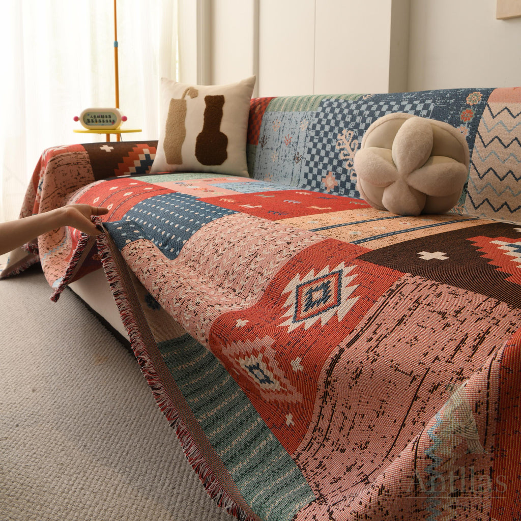 Boho Aztec Chenille Throw, Geometric Patchwork Couch Blanket, Heavyweight Pet Proof Furniture Protector