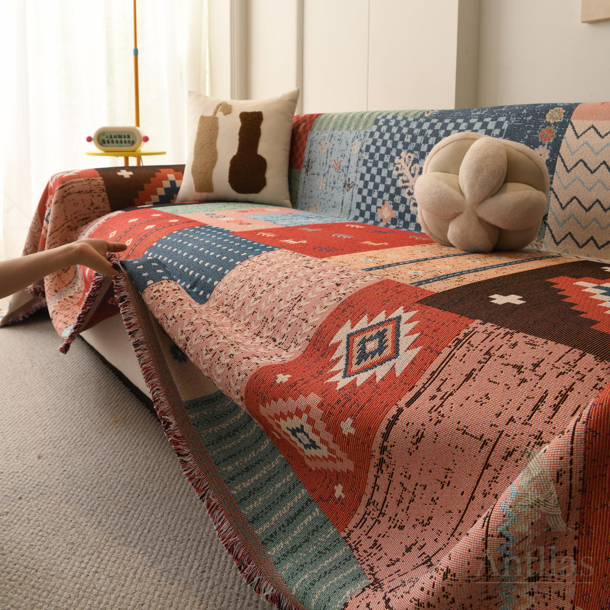 Boho Aztec Chenille Throw, Geometric Patchwork Couch Blanket, Heavyweight Pet Proof Furniture Protector