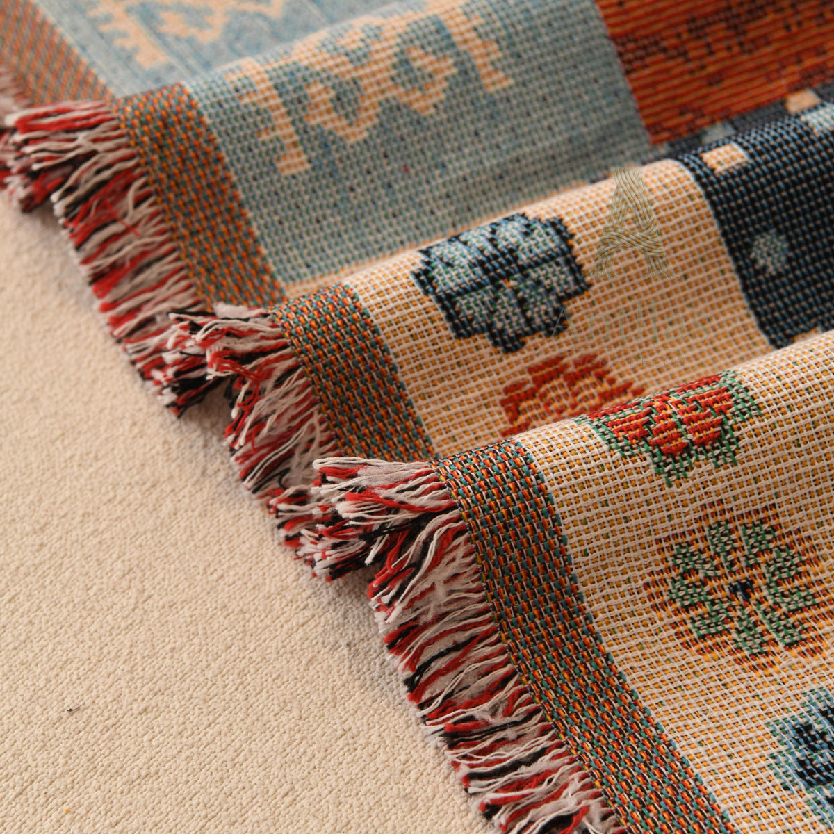 Boho Aztec Chenille Throw, Geometric Patchwork Couch Blanket, Heavyweight Pet Proof Furniture Protector