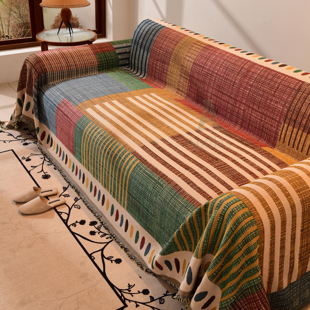 Boho Chenille Sofa Throw, Patchwork Couch Cover, Heavy Blanket, Pet Friendly, Anti Pilling Drape