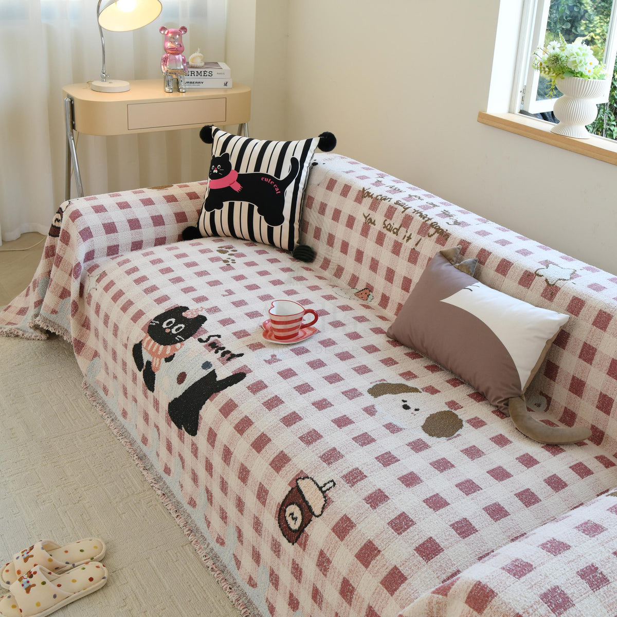 Pink Checkered Chenille Sofa Throw, Cozy Plush Couch Cover, Vibrant Home Decor Blanket