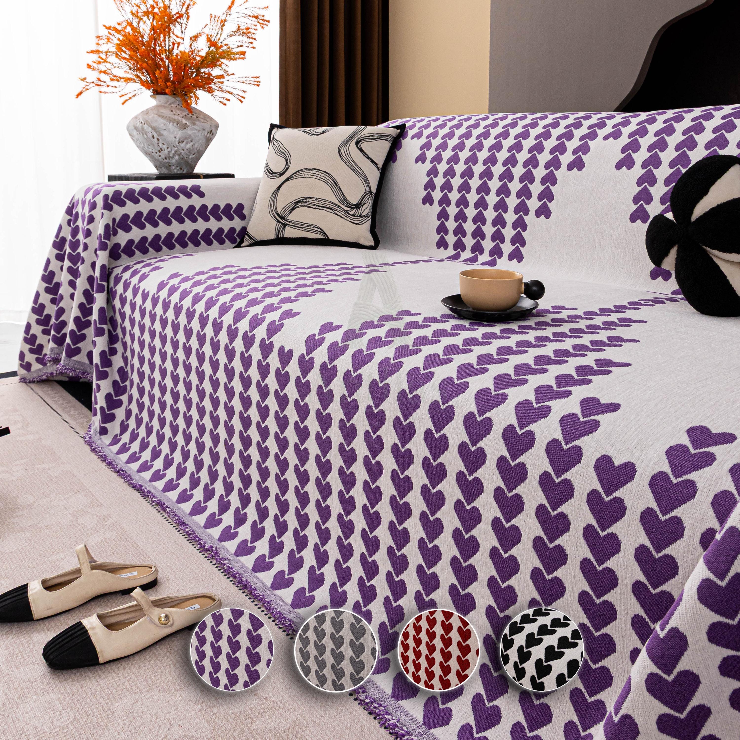 Purple Heart Chenille Sofa Throw Blanket, Jacquard Couch Cover, Romantic Gift