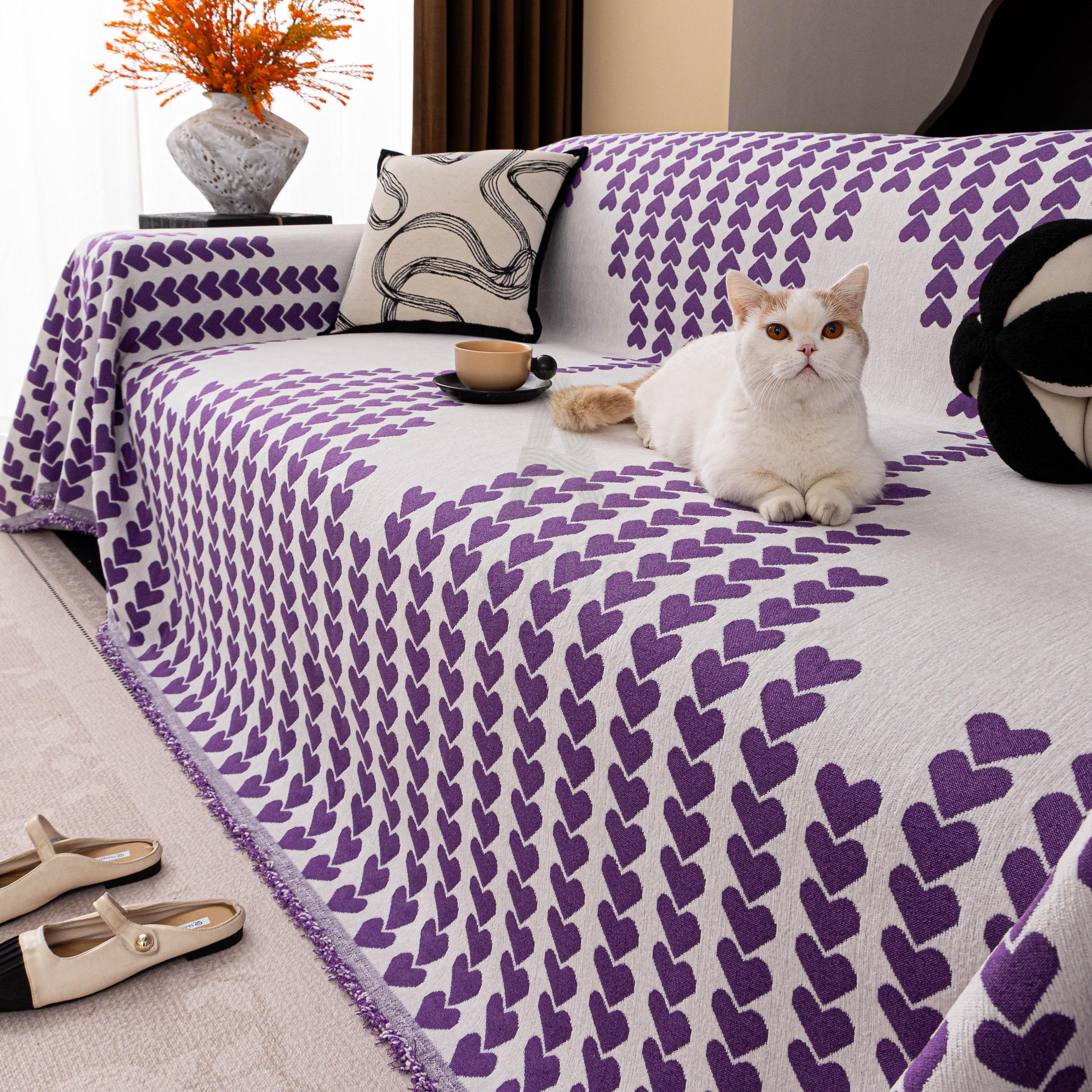 Purple Heart Chenille Sofa Throw Blanket, Jacquard Couch Cover, Romantic Gift