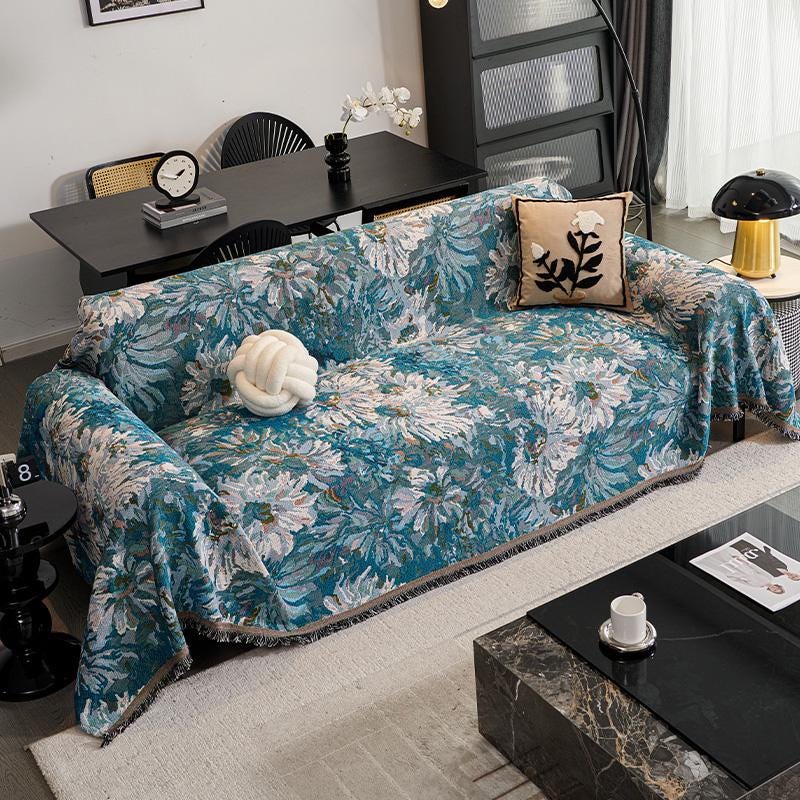 Van Gogh Floral Sofa Cover, Ocean Blue Velvet Ruffle, Art Furniture Protector