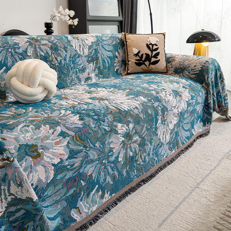 Van Gogh Floral Sofa Cover, Ocean Blue Velvet Ruffle, Art Furniture Protector
