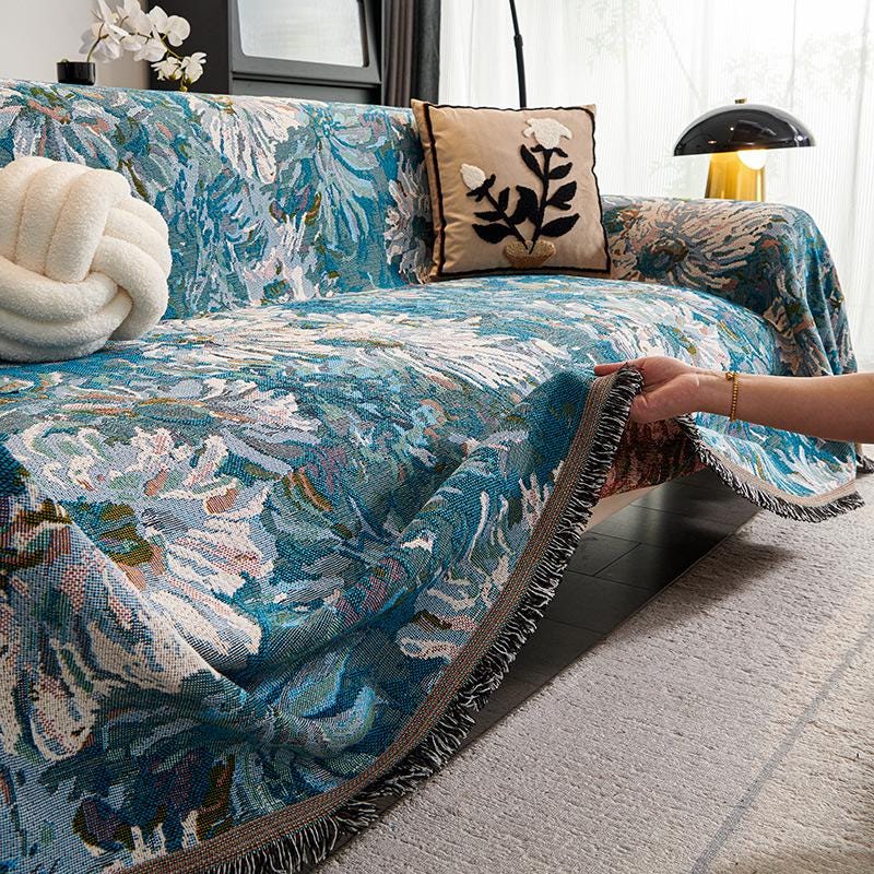 Van Gogh Floral Sofa Cover, Ocean Blue Velvet Ruffle, Art Furniture Protector
