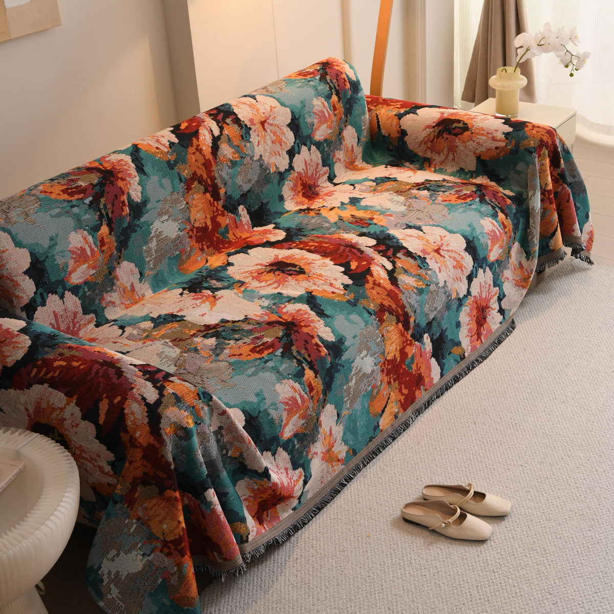 Colorful Italian Rose Sofa Cover, Romantic Floral Woven Throw Blanket, Fringe Couch Slipcover, Vibrant Tapestry Drape