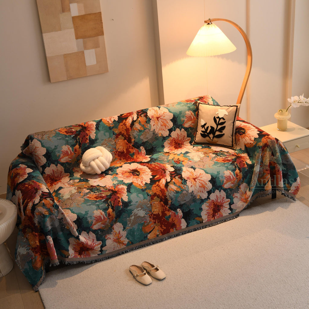 Colorful Italian Rose Sofa Cover, Romantic Floral Woven Throw Blanket, Fringe Couch Slipcover, Vibrant Tapestry Drape