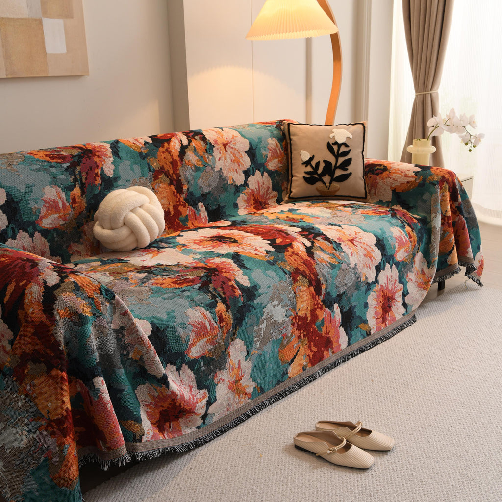 Colorful Italian Rose Sofa Cover, Romantic Floral Woven Throw Blanket, Fringe Couch Slipcover, Vibrant Tapestry Drape