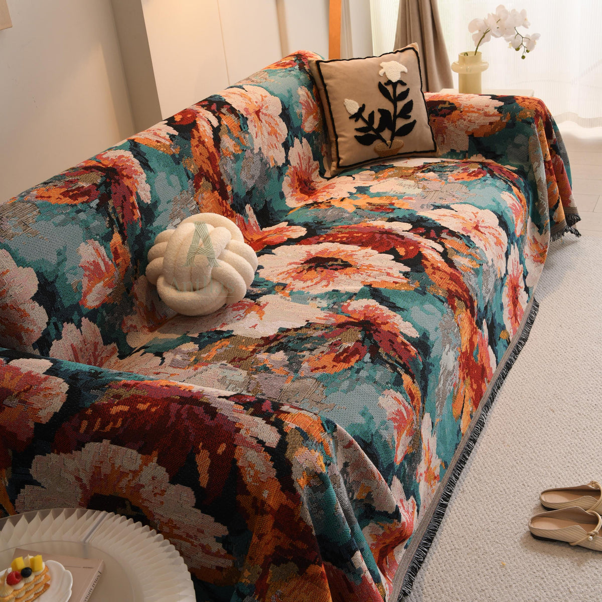 Colorful Italian Rose Sofa Cover, Romantic Floral Woven Throw Blanket, Fringe Couch Slipcover, Vibrant Tapestry Drape