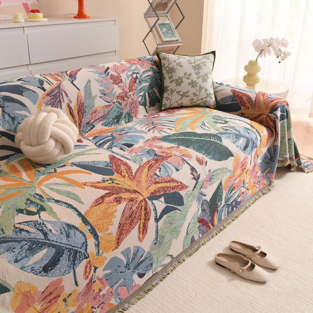 Colorful Hawaiian Monstera Sofa Cover, Tropical Woven Throw Blanket, Fringe Couch Slipcover, Vibrant Leaf Drape