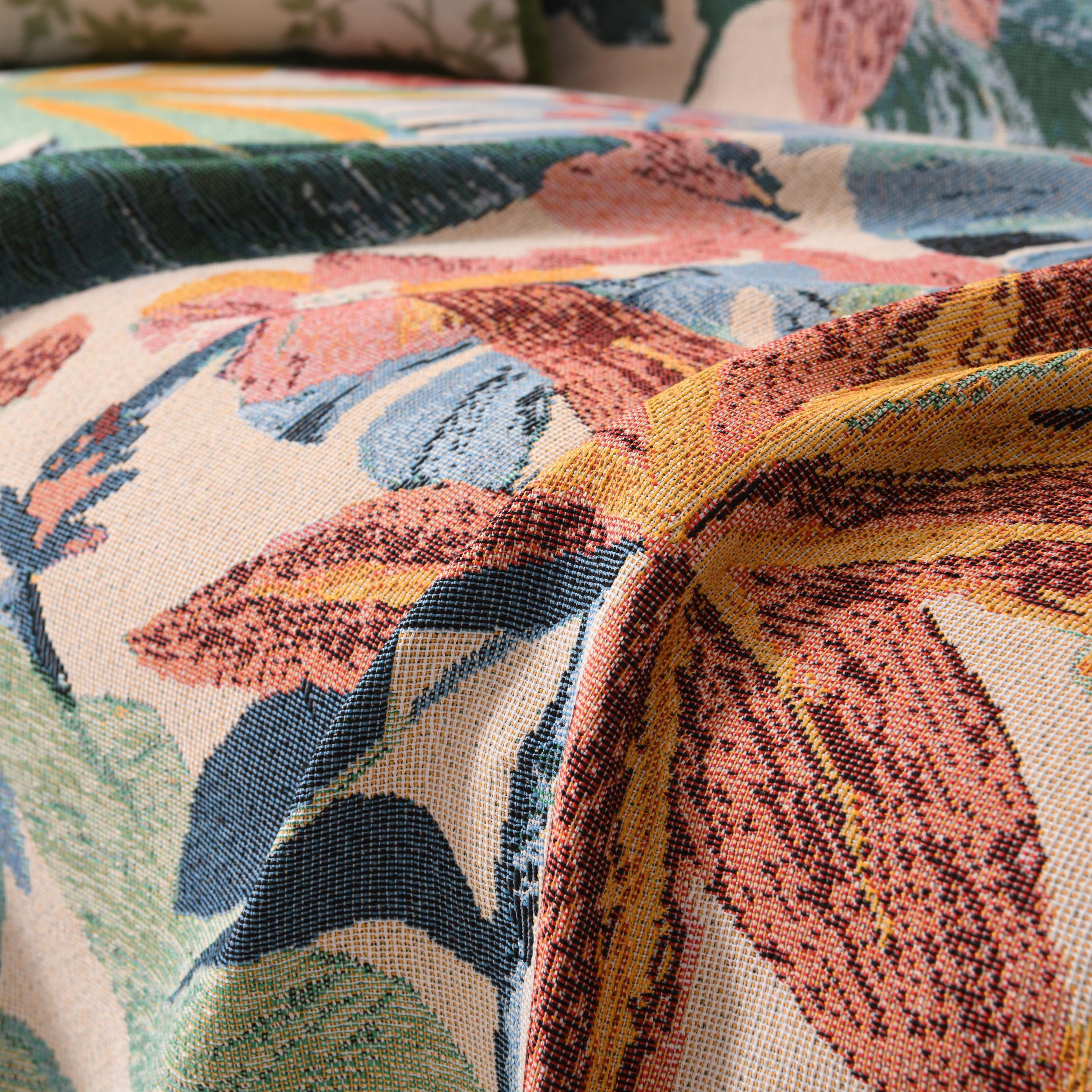 Colorful Hawaiian Monstera Sofa Cover, Tropical Woven Throw Blanket, Fringe Couch Slipcover, Vibrant Leaf Drape