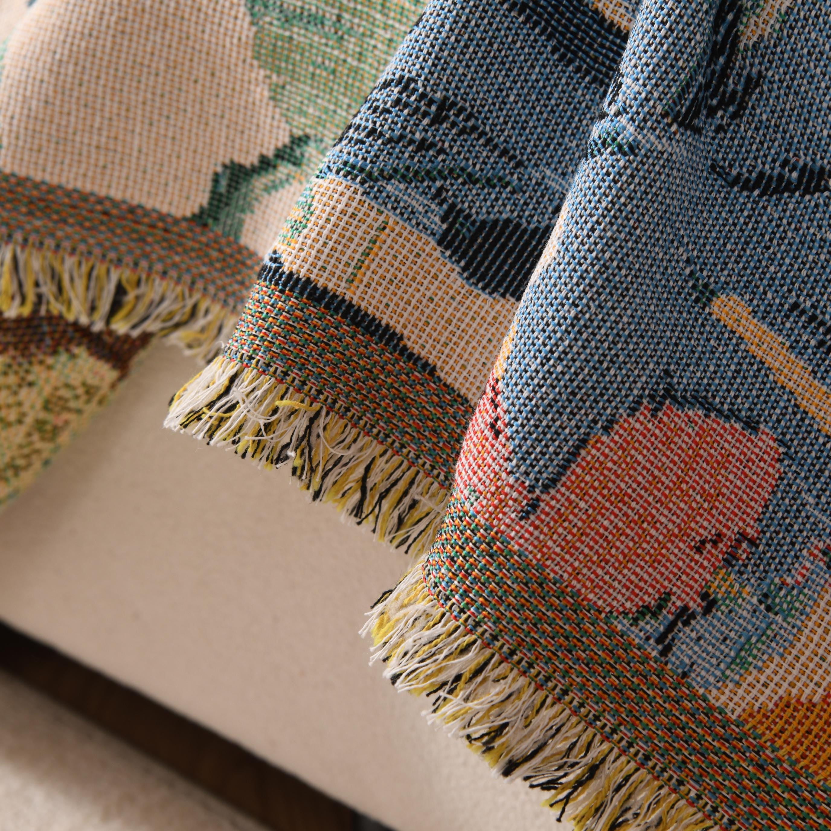 Colorful Hawaiian Monstera Sofa Cover, Tropical Woven Throw Blanket, Fringe Couch Slipcover, Vibrant Leaf Drape