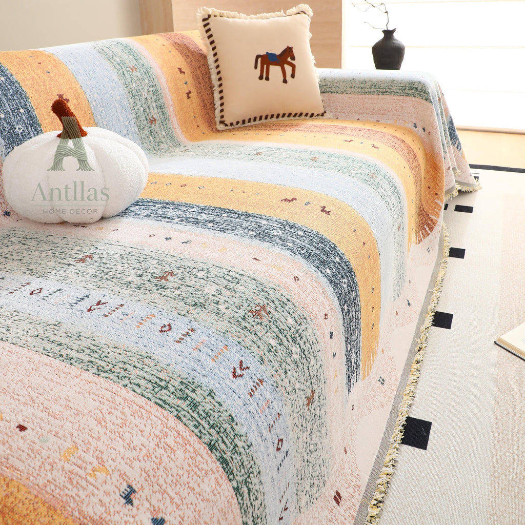 Warm Tones Rainbow Sofa Cover, Striped Woven Throw Blanket, Fringe Couch Slipcover, Vibrant Boho Drape