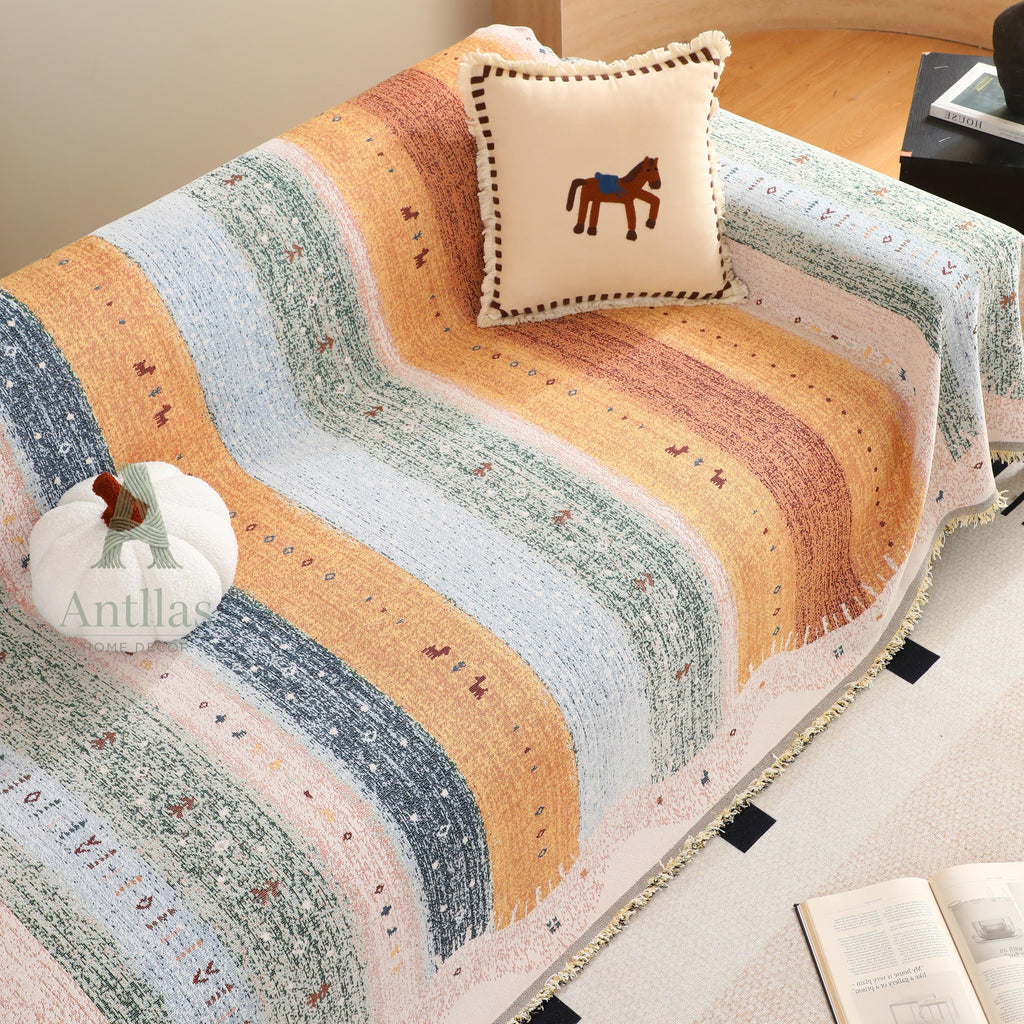 Warm Tones Rainbow Sofa Cover, Striped Woven Throw Blanket, Fringe Couch Slipcover, Vibrant Boho Drape