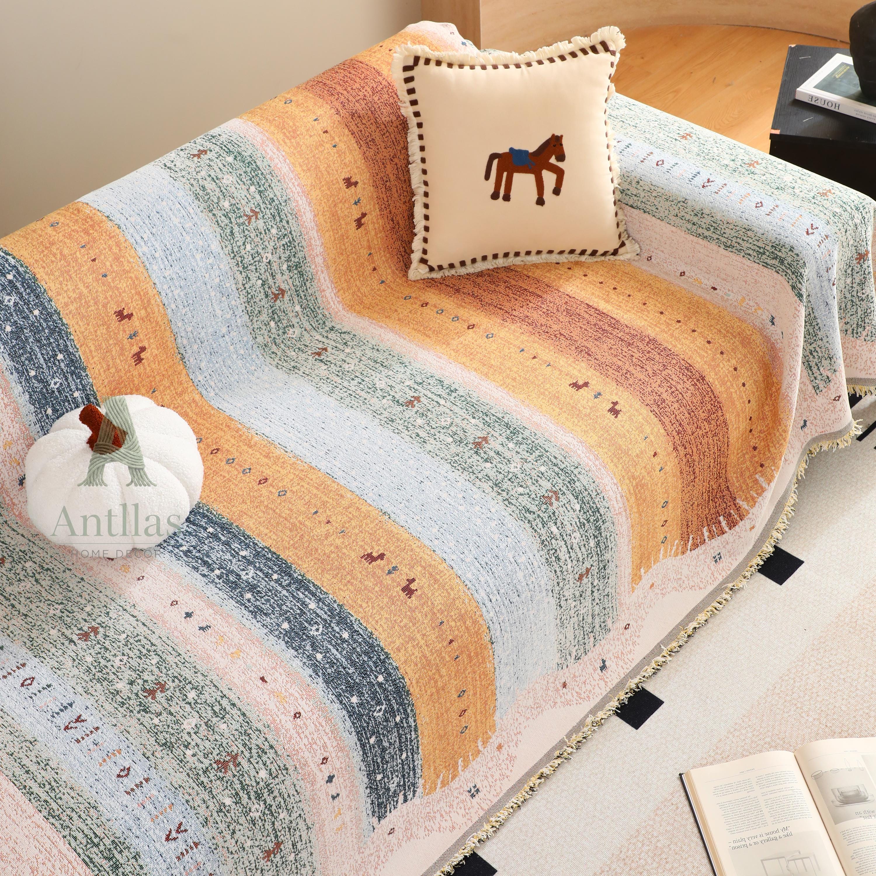 Warm Tones Rainbow Sofa Cover, Striped Woven Throw Blanket, Fringe Couch Slipcover, Vibrant Boho Drape