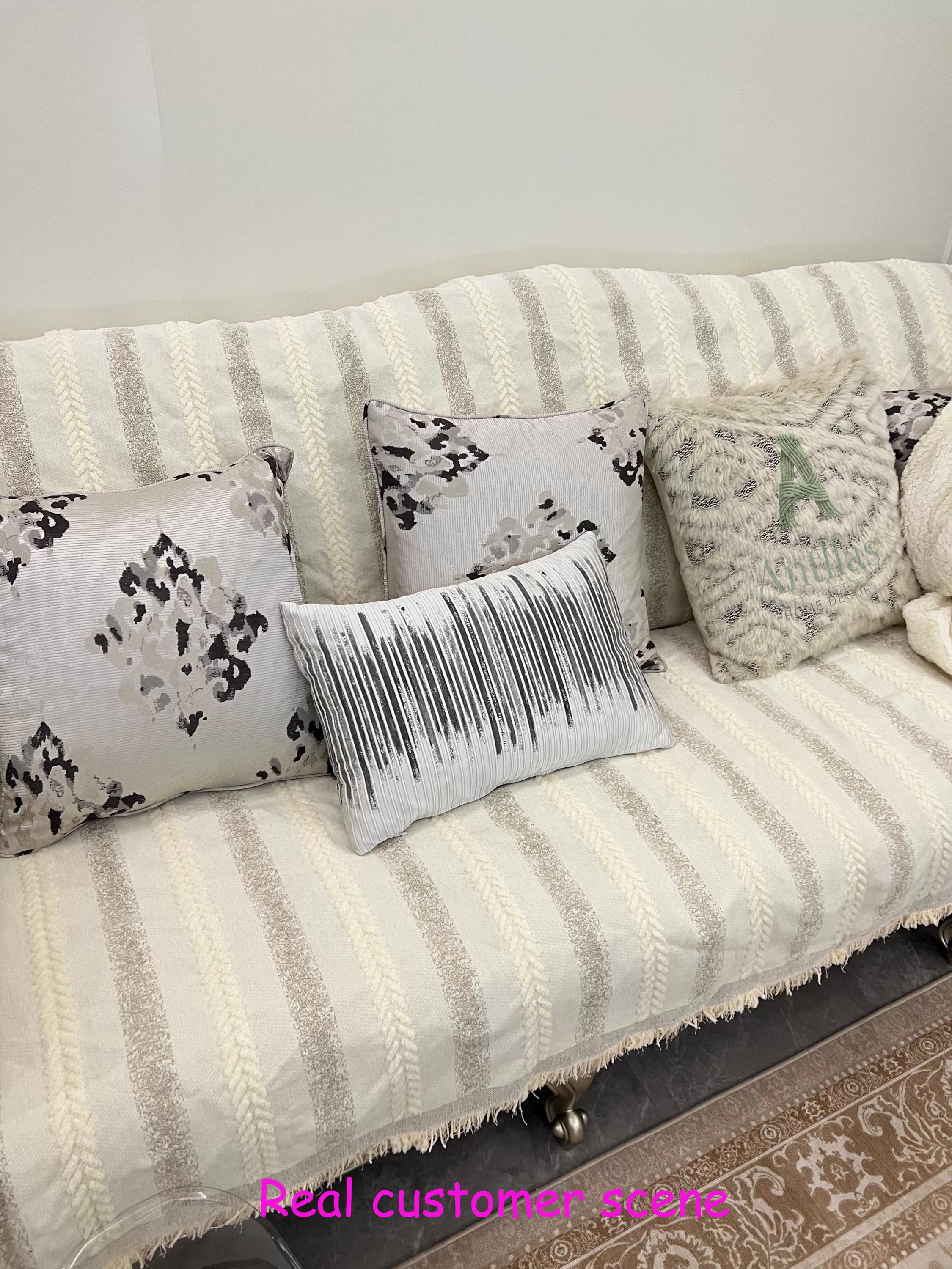 Boho Chenille Sofa Throw Blanket, Tufted Striped Couch Cover, Tassel Furniture Protector