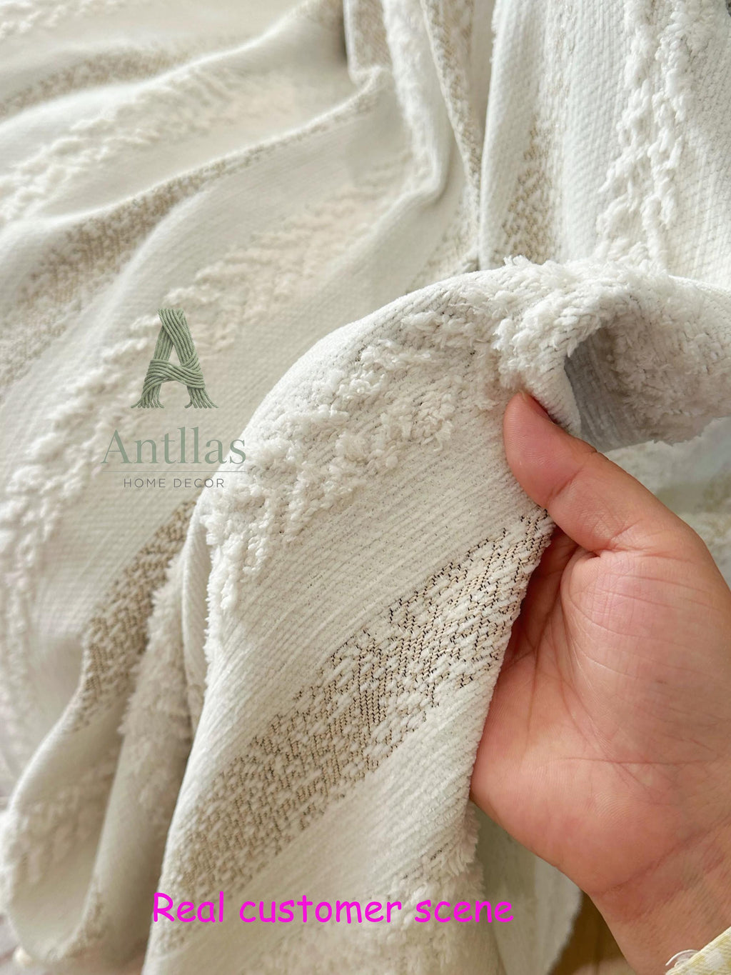 Boho Chenille Sofa Throw Blanket, Tufted Striped Couch Cover, Tassel Furniture Protector
