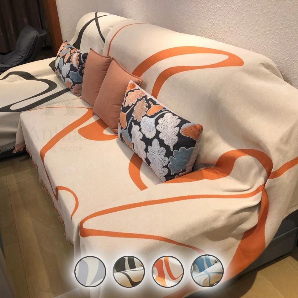 Modern Abstract Line Sofa Cover, Chenille Throw Blanket, High-Fashion Art Couch Slipcover, Geometric Furniture Protector