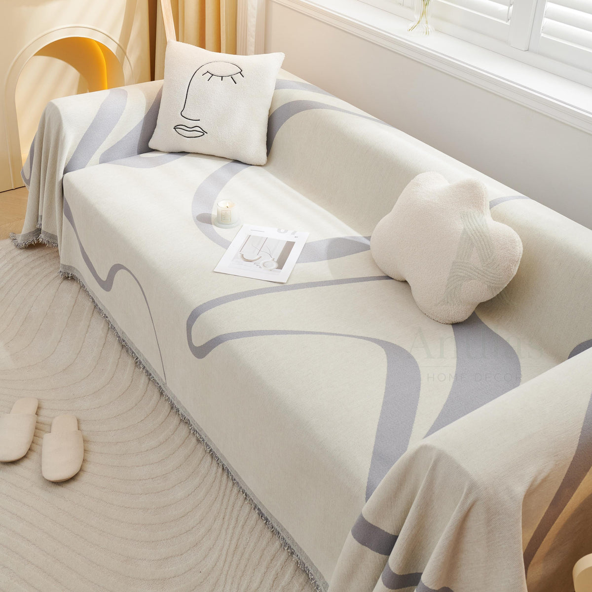 Modern Abstract Line Sofa Cover, Chenille Throw Blanket, High-Fashion Art Couch Slipcover, Geometric Furniture Protector